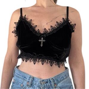 Dolls Kill Black Velvet Lace Trim Cropped Cami with Cross Charm